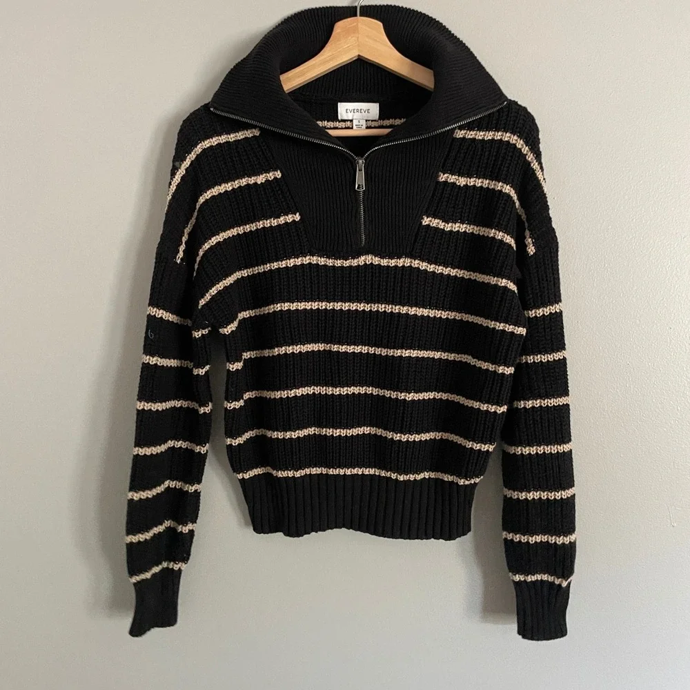 Evereve Striped Quarter Zip Sweater Womens Small Black Cream Chunky Knit Preppy